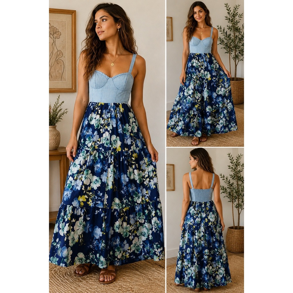 BOG Collective Maxi Dress Floral Denim Bustier Tiered Boho‎ Blue Small